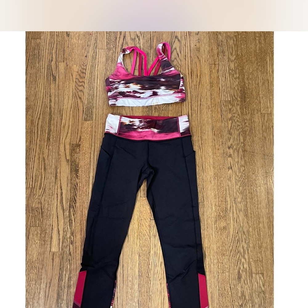 lululemon athletica Black Leggings and Pink Multi Sports Bra Set